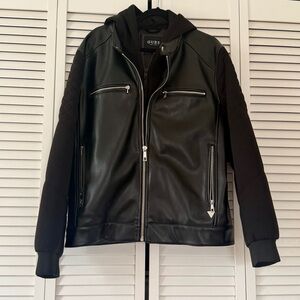 GUESS Mens Extra Large Black Faux Leather Detachable Hood Motorcycle Jacket